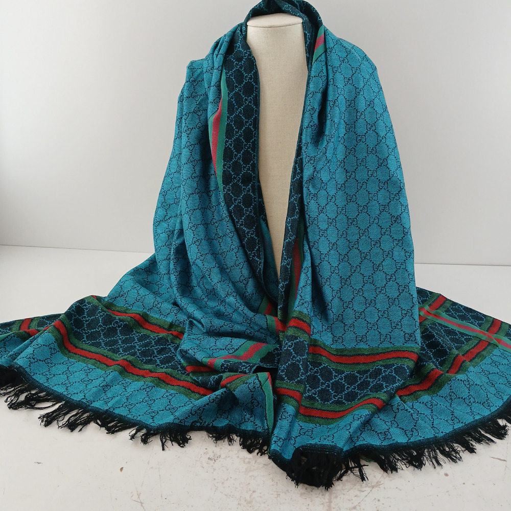 Gucci GG Monogram Shawl Scarf Teal Blue Red Stripe Fringe Wrap Italy 71 x 26"